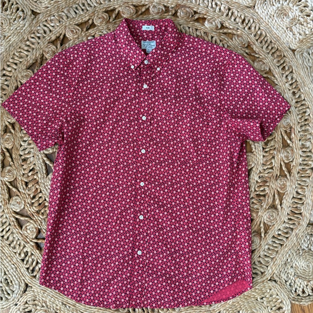J. Crew Red Patterned Casual Button Down Shirt Sl… - image 1